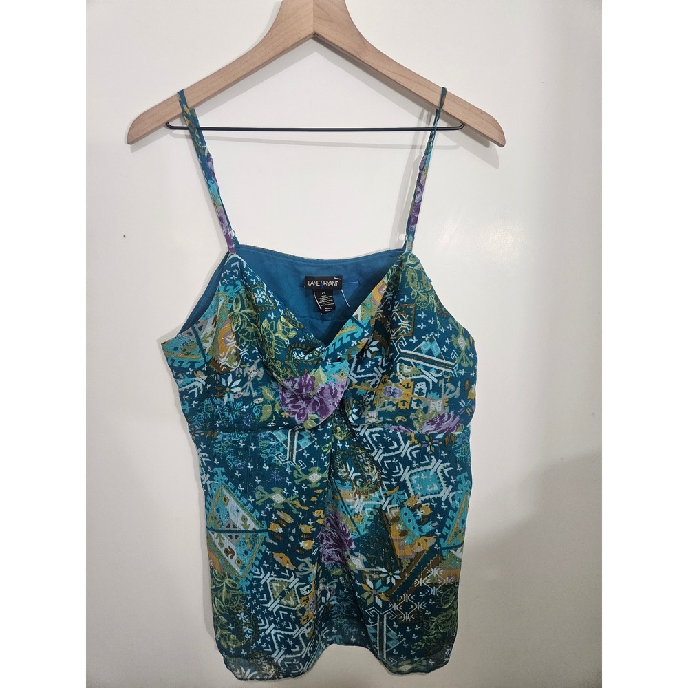 Lane Bryant Teal Blue Floral Metallic Shimmer Twist Front Cami Top Size 20